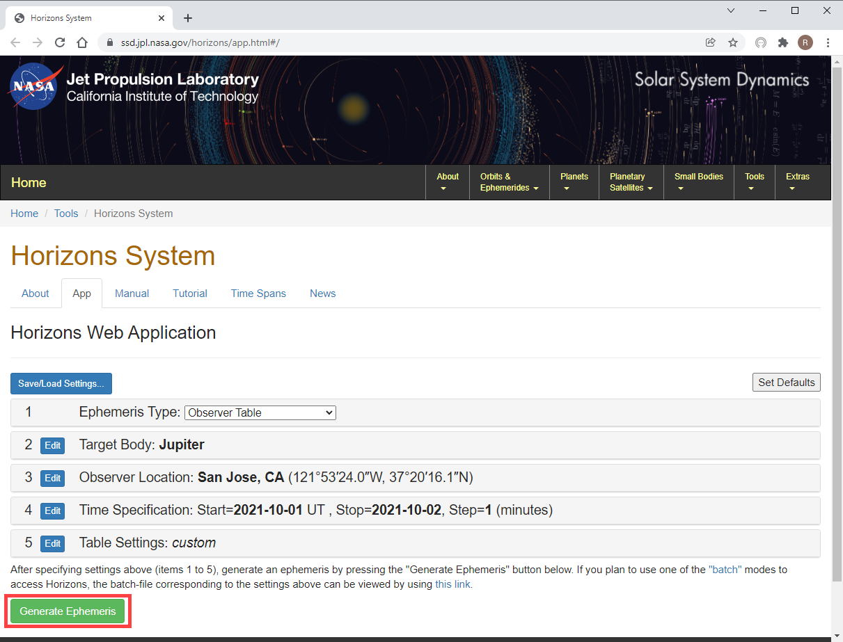 HorizonsWebSite-GenerateEphemeris